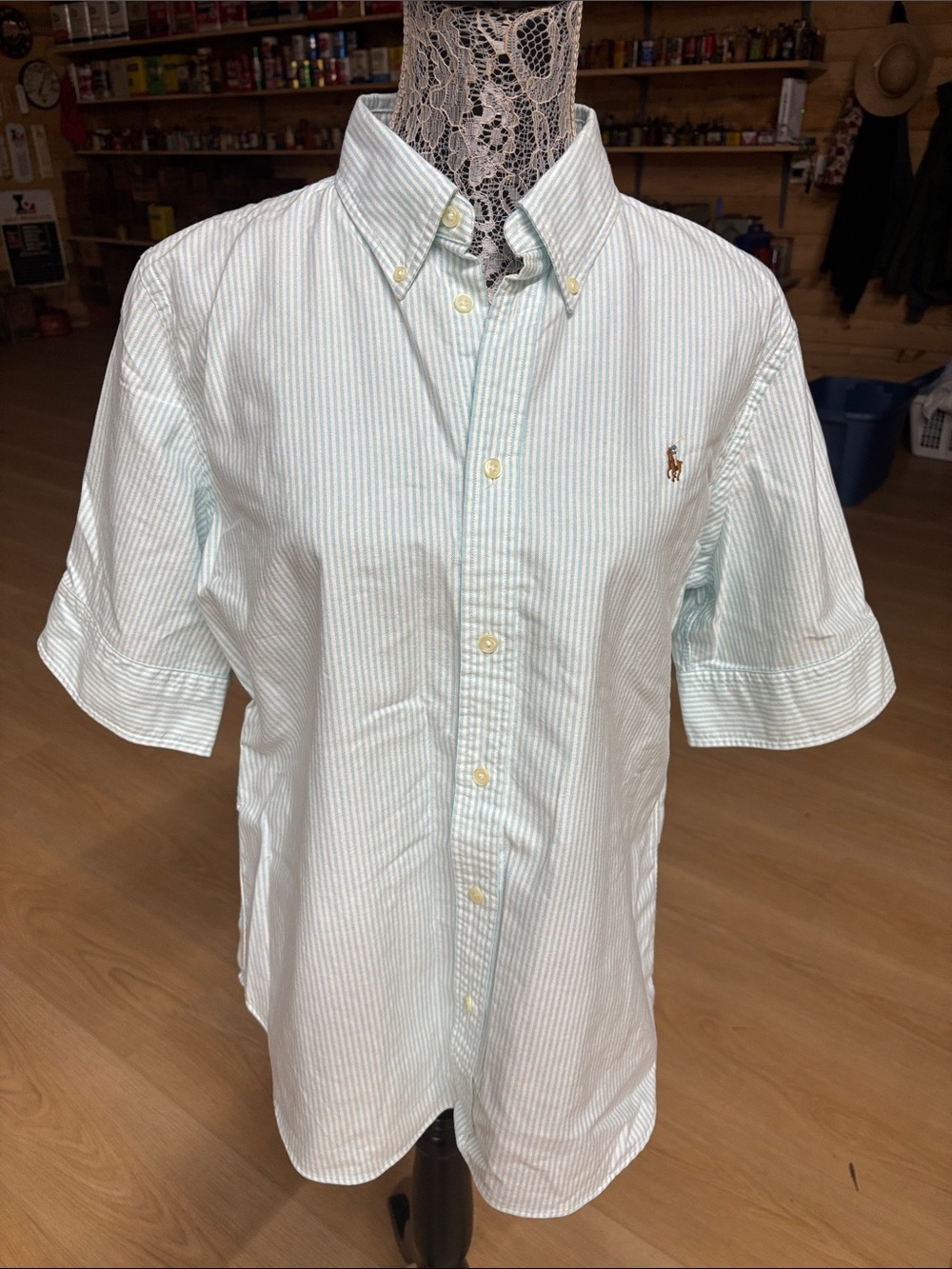 Ralph Lauren Mint Green and White Striped Short-Sleeve Button-Down